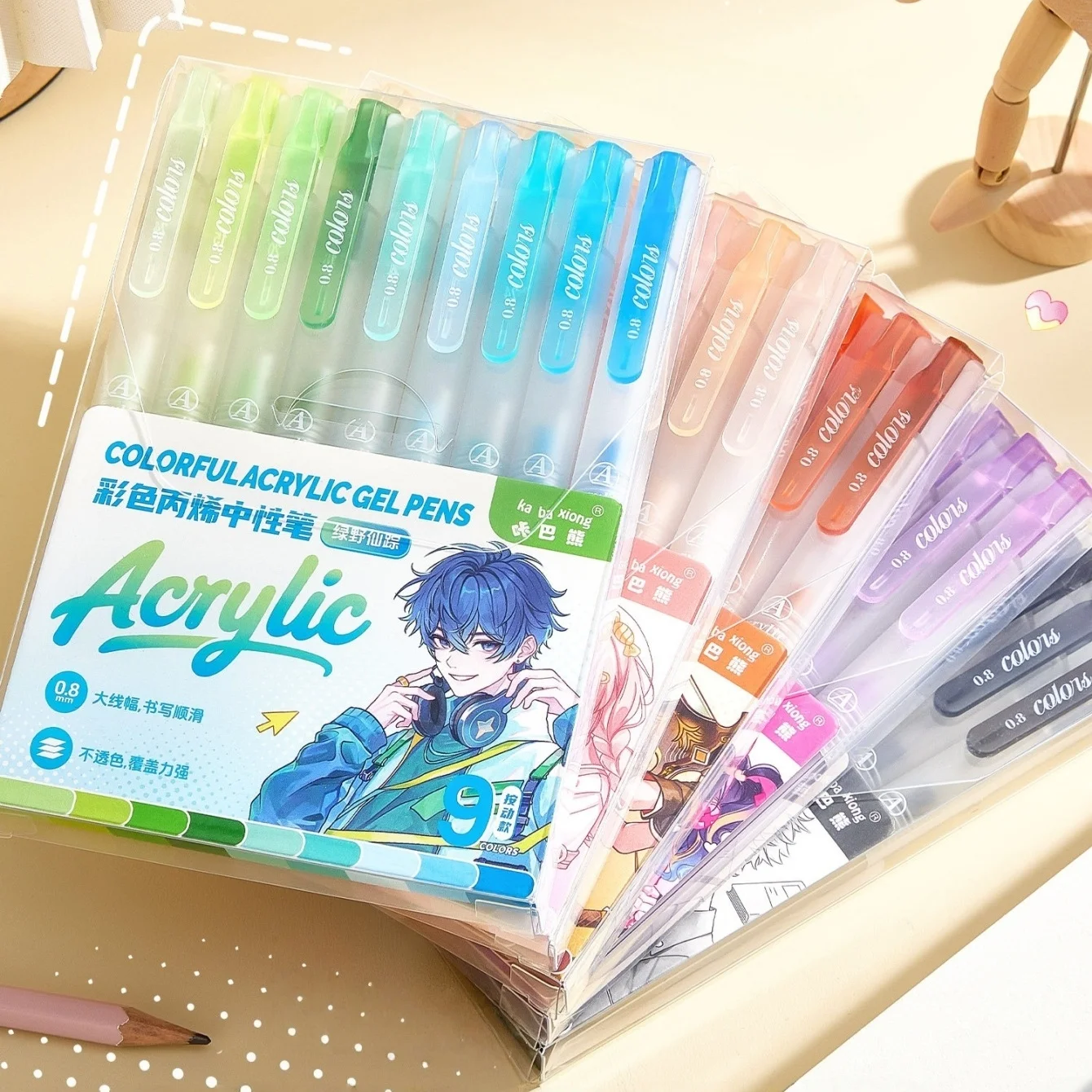 9pcs Colorful Acrylic Gel Pens Retractable Highlighters & Drawing Pens Set Anime Pastel Colors Designs 0.8mm Ballpoint A3234