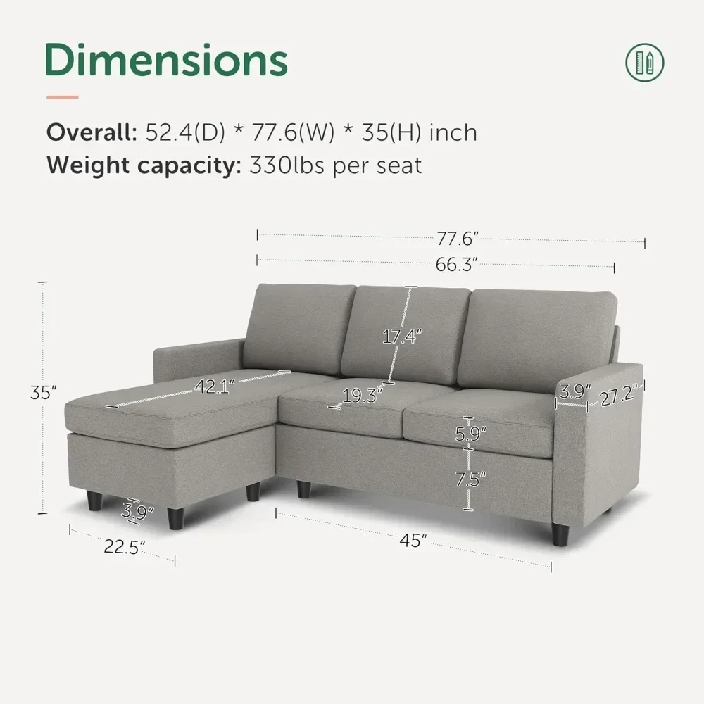 Convertible Sectional Sofa, L Shaped Couch with Linen Fabric, Reversible Couch for Small Space