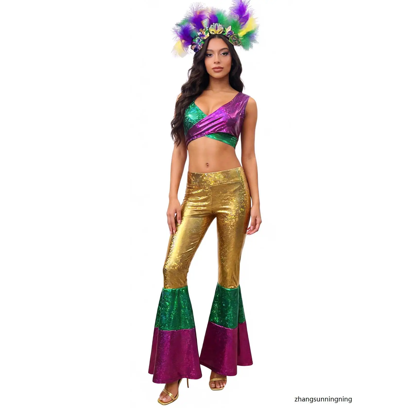 Disco Party Set Shiny Performance Outfit Carnival Halloween Costume Women's Ethnic Wear Stage Costume Bright Ensemble