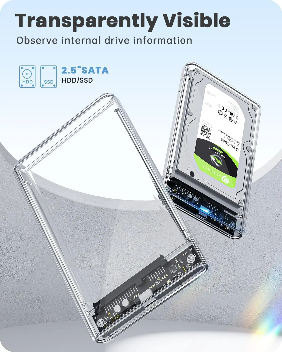 Caja de disco duro externo de 2,5 pulgadas, 6Gbps USB C 3,1 Gen 2 a SATA 3, caja de disco duro externo transparente sin herramientas para disco duro SSD de 9,5mm