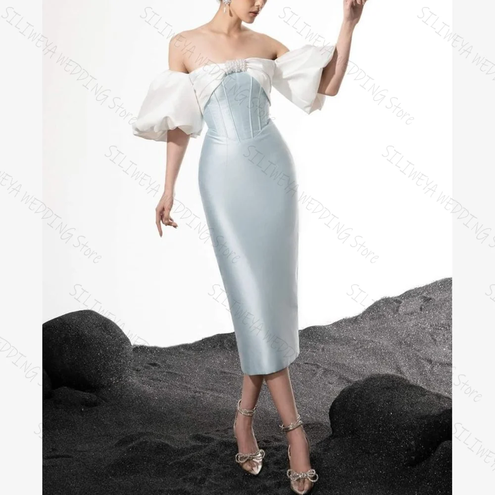 

Elegant Fresh Off The Shoulder Chic Prom Dresses Sleeveless Tea-Length Female Party Evening Gown