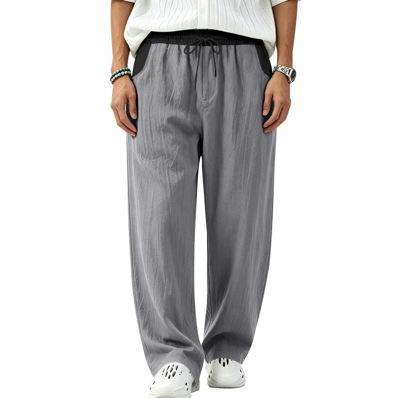 Beauty size men's linen scimitar casual pants, cross-border men's clothing spring and autumn elastic waist straight radish pants