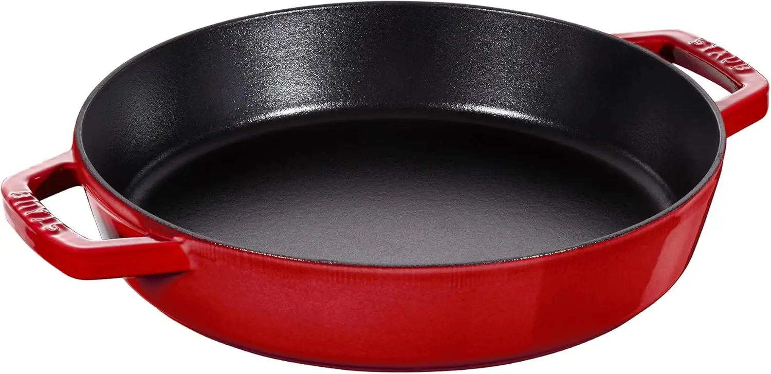 Cast Iron 13-inch Double Handle Fry Pan - Cherry, Made in France