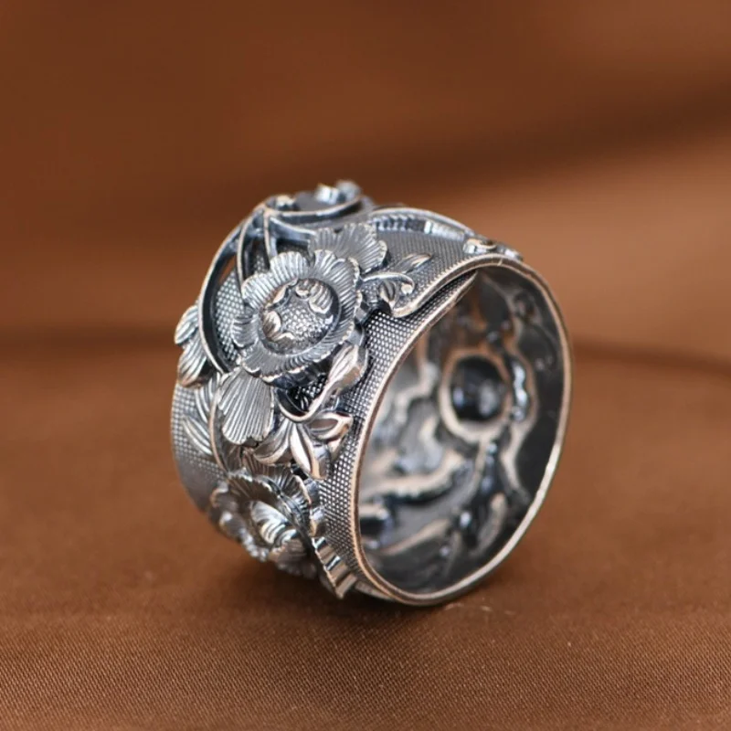 BOCAI S999 Sterling Silver Rings for Men Women Retro Emboss Peony Flowers Adjustable Fashion Punk Jewelry Wholesale