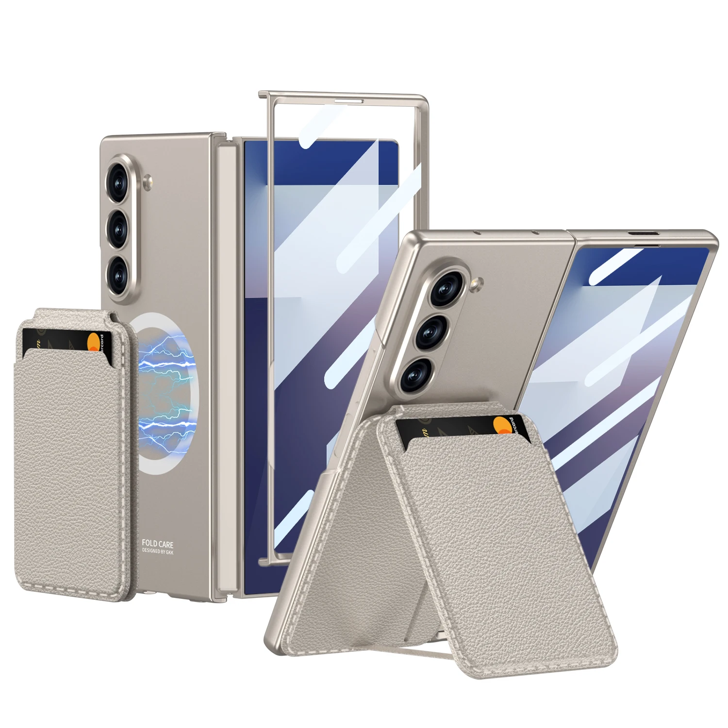 Detachable Card Holder Bracket Magnetic Phone Case for Samsung Galaxy Z Fold 7 6 Fold7 Fold6 with Tempered Film Protective Cover