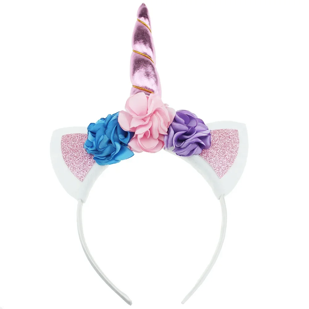 Handmade nowe dziewczyny róg jednorożca Hairband szyfon sztuczne kwiaty nakrycia głowy dla dzieci urodziny prezenty rekwizyty fotograficzne akcesoria do włosów — zdjęcie 5