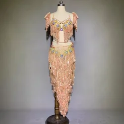 BellyDance Suit Women's Customized Senior AB Stones Tassel Performance Set Adult Oriental Dance Competition Clothing With sleeve