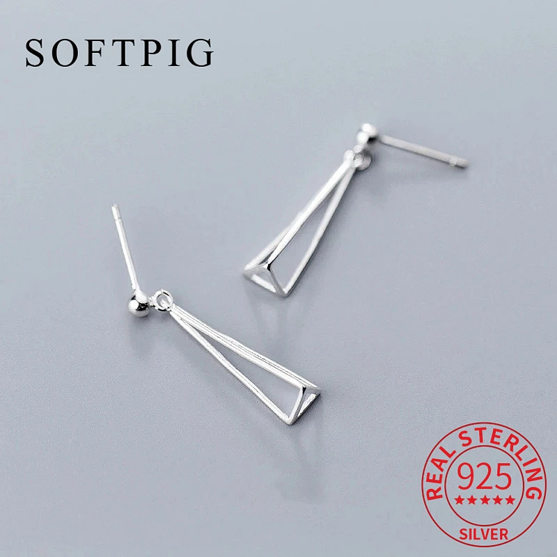 SOFTPIG Real 925 Sterling Silver Hollow Geometric Triangle Drop Earrings For Women Classic Fine Jewelry Minimalist Bijoux