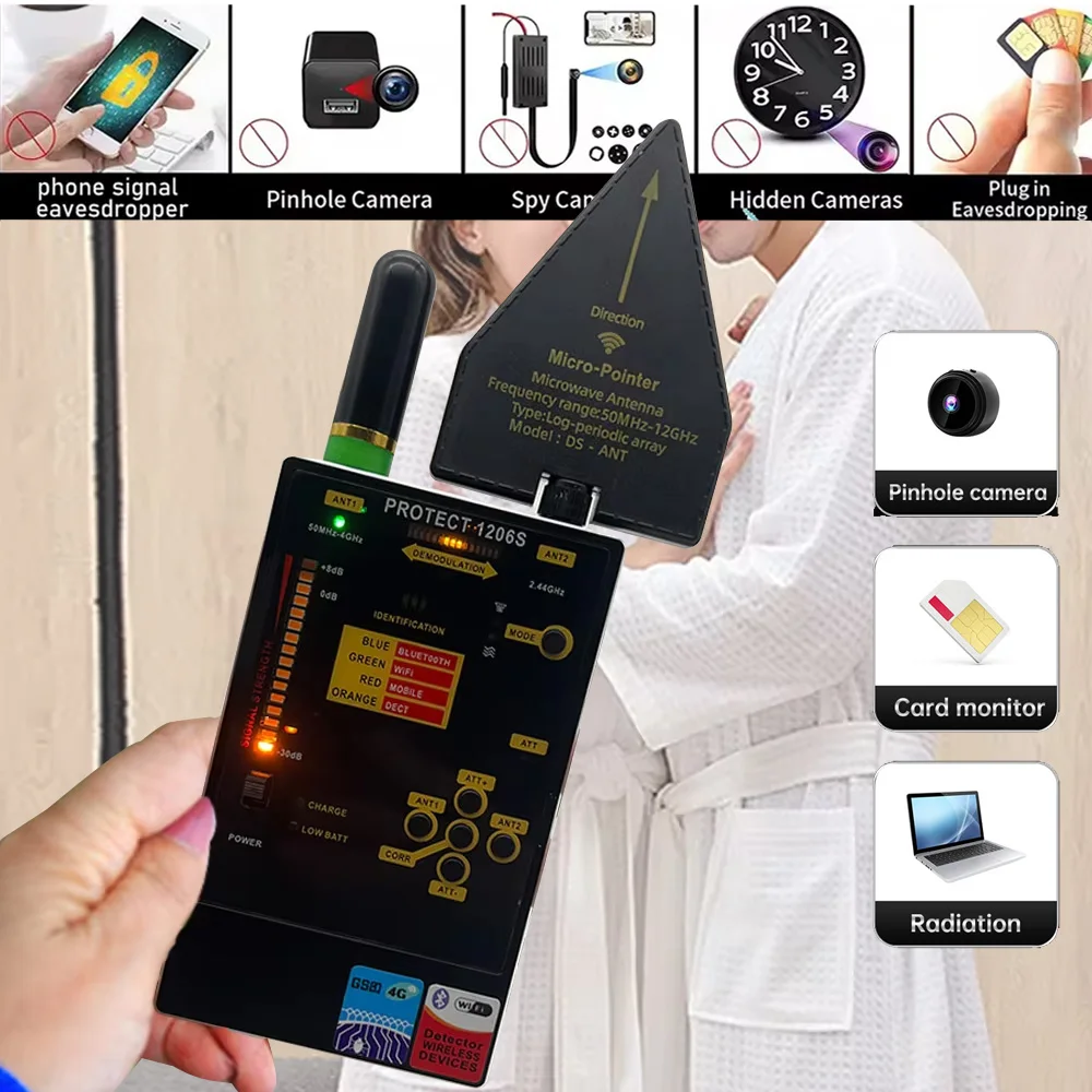 Protect 1206S Professional RF Detector Bug Sweeper GSM Bluetooth/Wi-Fi/Hidden Cameras Scanner 50MHz-12GHz Frequency Spy Gadgets