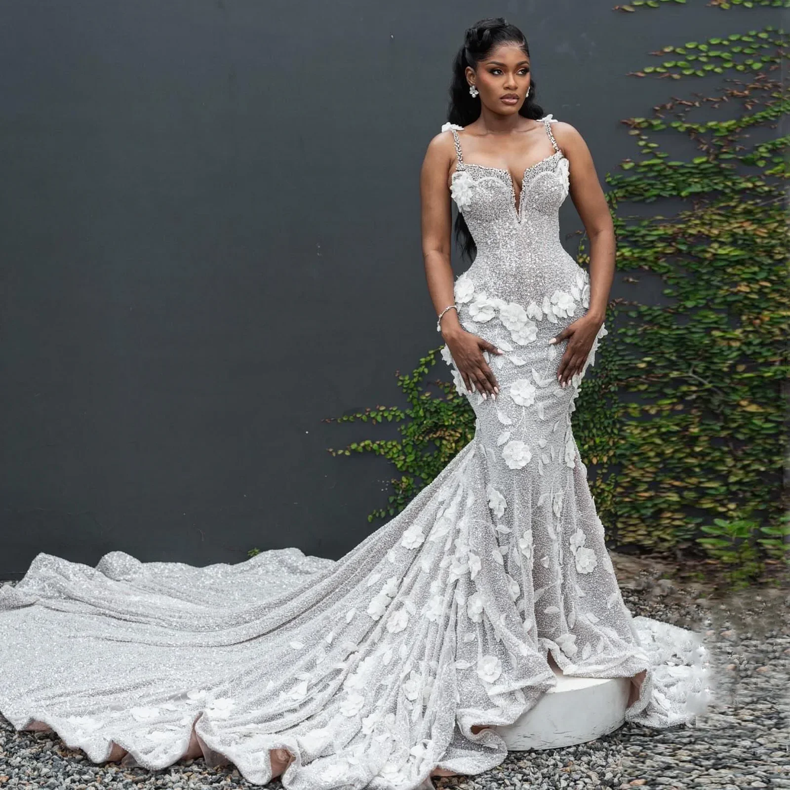 

Luxury Mermaid Lace Bead 3D Flower Party Dress Sexy V-neck Off Shoulder African Wedding Guests Formal Occasion Dress Customized