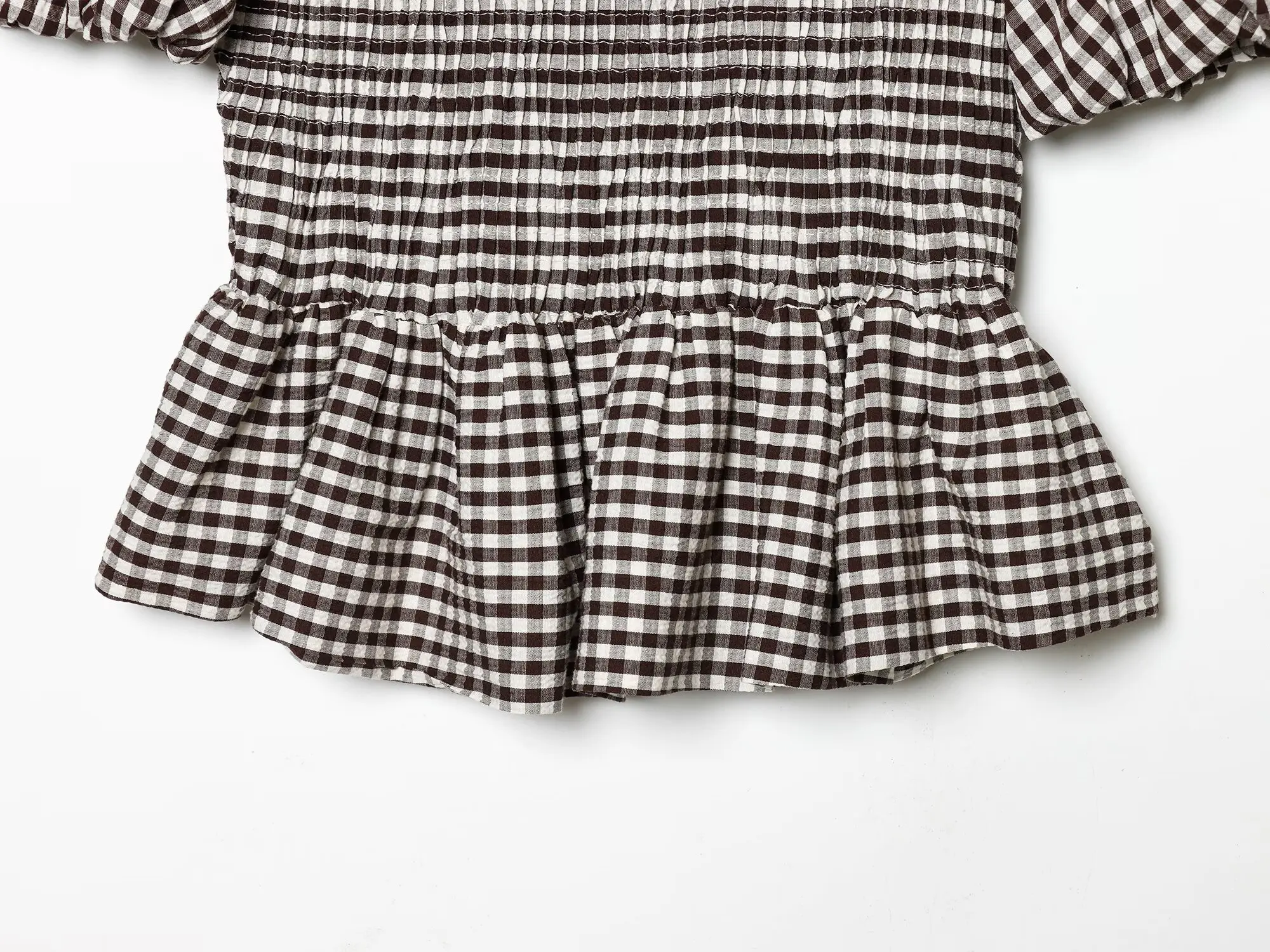 HH Vintage Damen Bluse mit Rüschensaum, elegantes Party-Shirt, modische Strand-Urlaubsbluse, kurze Puffärmel, lässige Sommer-Karo-Bluse, schmal geschnitten – Detail 8