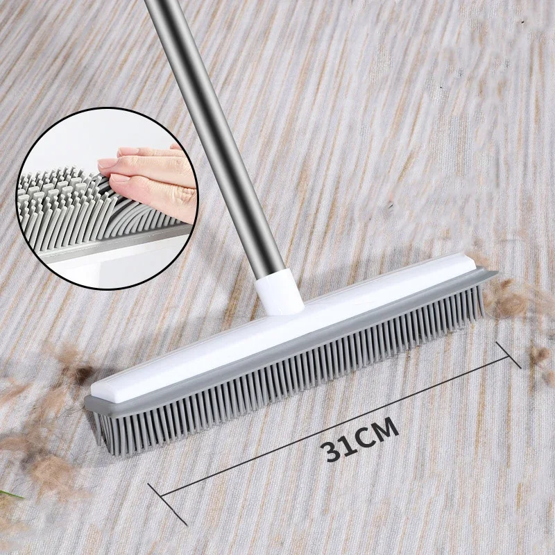 Rubber Broom with Handle Broom Rubber Bristles Removing Animals Cats Dogs Hair for Floors for Carpets Tiles Windows and Gardens