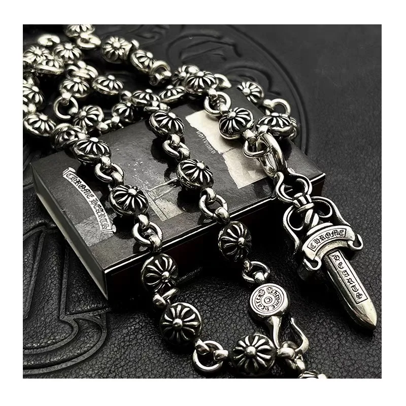 

Punk Hip Hop Thai Silver Retro Sword Necklace Integrated Chain Cross Flower Chain Sweater Chain Premium Autumn and Winter Access