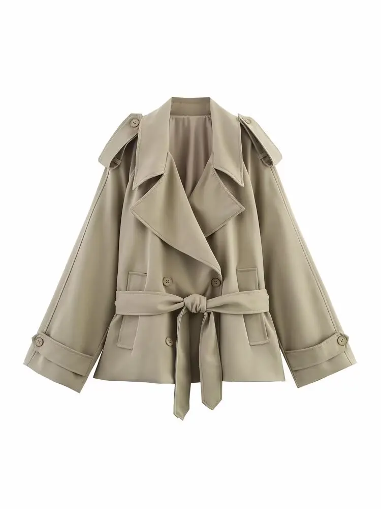 2025 Khaki Lapel Long-sleeved Lace-up Short Trench Coat European and American Fashion Temperament High Sense
