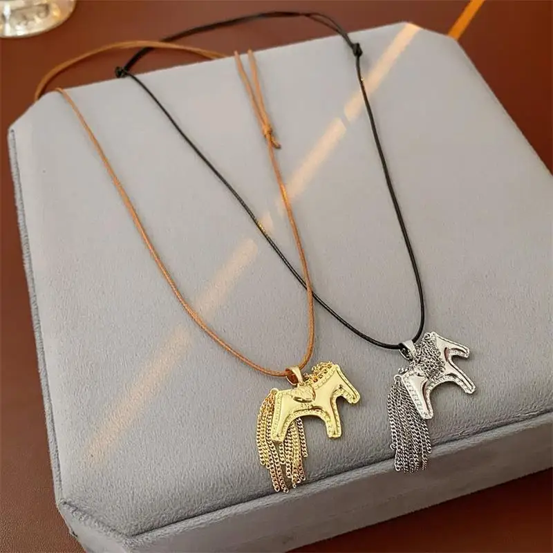Fashion Titanium Steel Horse Pony Tassel Pendant Necklaces Women Mujer Adjusting Long Rope Sweater Chain Neck Accessories Gifts