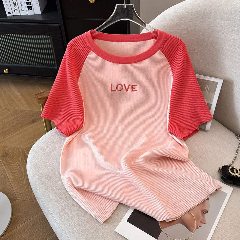 

Large Size Women Clothing Summer Ice Silk Knitted Tops Chubby Female Show Slim 100/150kg Short Sleeved T-shirts 175kg