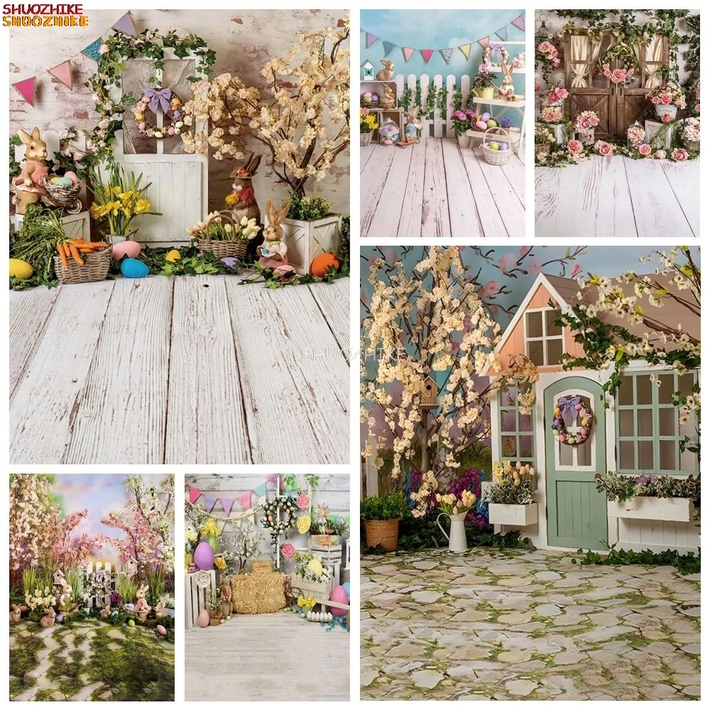 

Easter Backdrop for Photography Spring Flowers Green Grass Eggs Rabbits Wood Floor Baby Kids Photoshoot Background Photo Studio