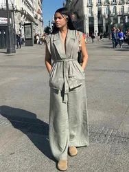 TRAFZA donna 2 pezzi Set moda bavero senza maniche gilet cintura sottile Top + Vintage coulisse vita alta Casual gamba larga pantalone