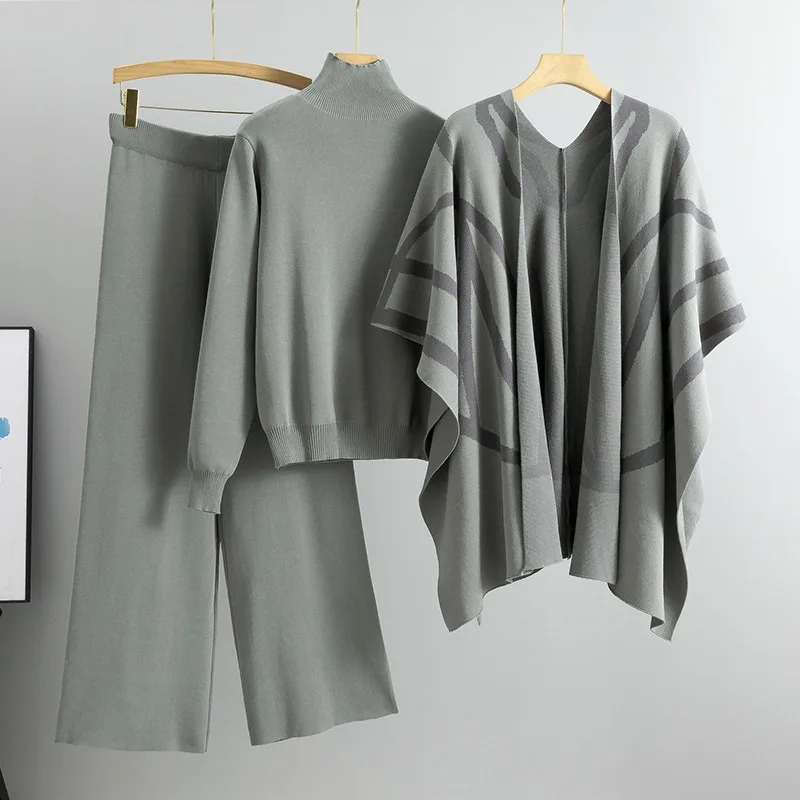 Autumn 2024 Women Knit 3 Pieces Sets Casual Knitted O Neck Sweater Tops And Shawl High Waist Wide Leg Pants Outfit