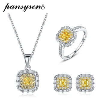 PANSYSEN 100% 925 Sterling Silver Citrine Diamond Gemstone Charm Earrings Necklace Ring Jewelry Set for Women Fine Jewelry Gift