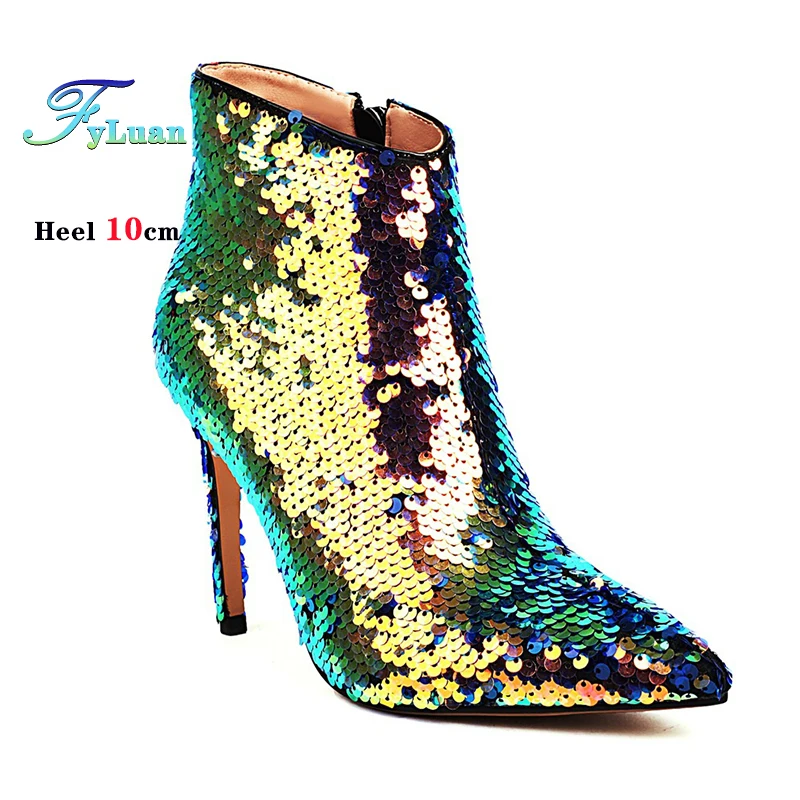 

Золотые короткие ботинки, женские туфли на тонком высоком каблуке 10 см, блестящие вечерние туфли с блестками, ботильоны на шпильке больших размеров, ботильоны с острым носком, Mujer