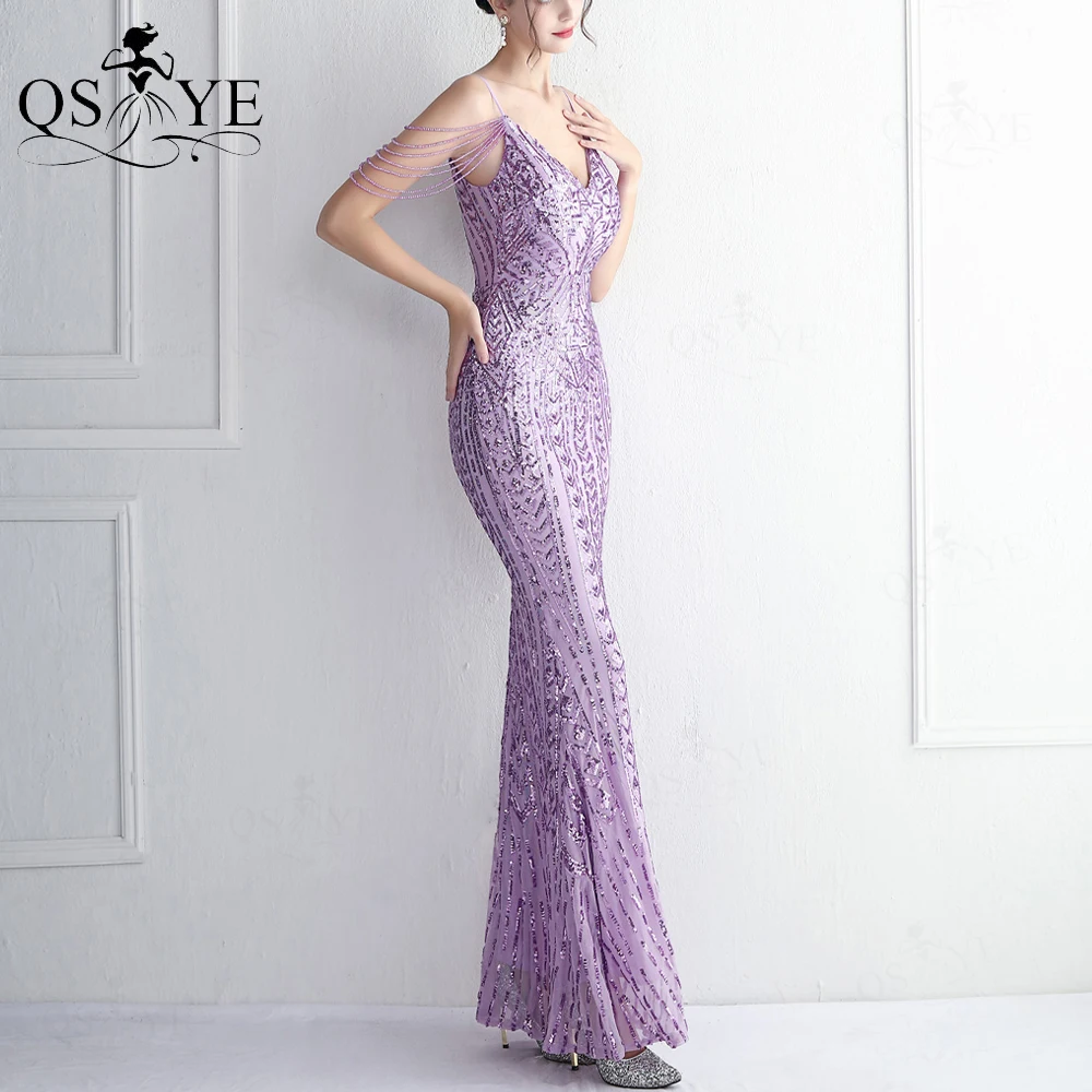 Fairy Purple Prom Dresses Sequin Lace Mermaid Evening Gown Beaded Spaghetti Straps V Neck Backless Pattern Formal Party DressNEW