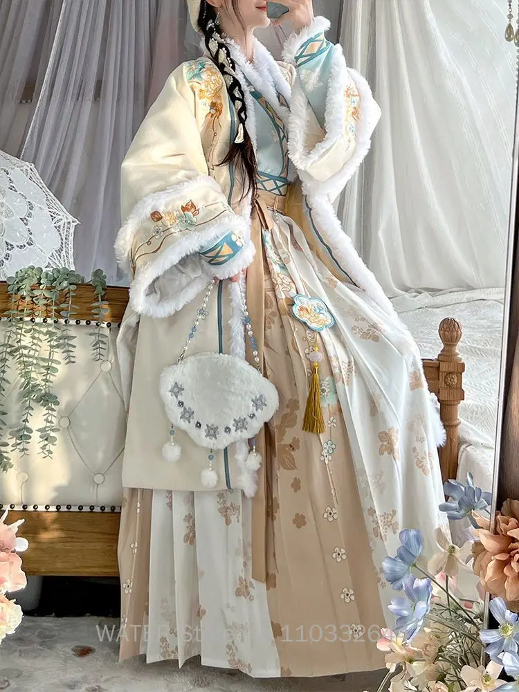 WATER Winter Hanfu Dresses Sets Women Traditional Chinese Style Warm Song Dynasty White Vintage Plush Princess Dress Lady Robes