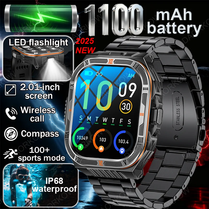 

2025 New 1100mAh Battery Smart Watches For Man Outdoor Sport LED Flashlight Compass Men’s Smartwatch Bluetooth Call Men Watches