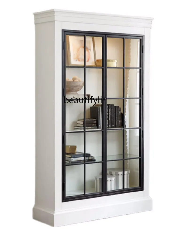 

Solid Wood Bookcase Living Room White Decorative Glass Door Wine Cabinet French Simplicity Multi-Functional
