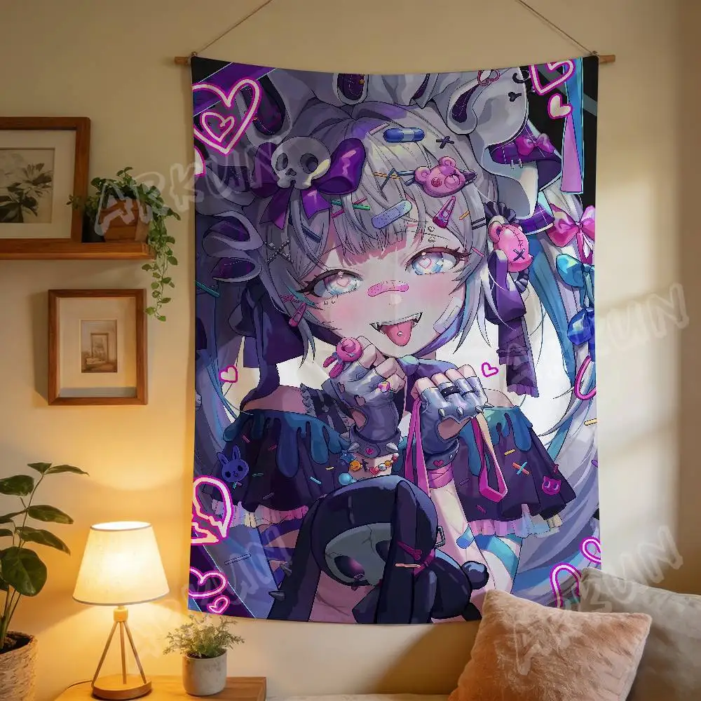 Y2K Anime Girl Tapestry, Sweet Dark Harajuku Style Wall Hanging, Neon Heart Skull Aesthetic Wall Tapestry for Bedroom Home Decor