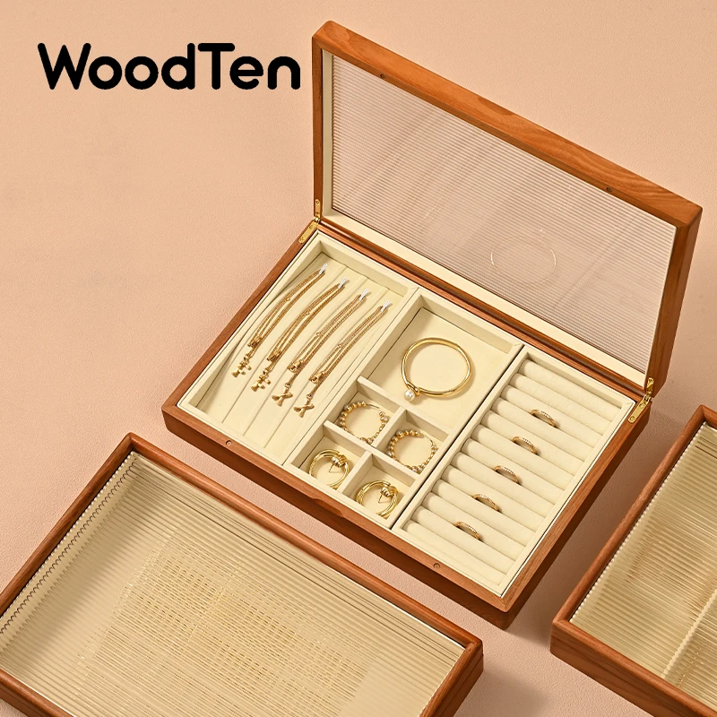WoodTen Wooden Jewelry Storage Box With Clear Glass Lid Multilayer Jewelry Organizer Case for Rings Earrings Bracelets Gift Box