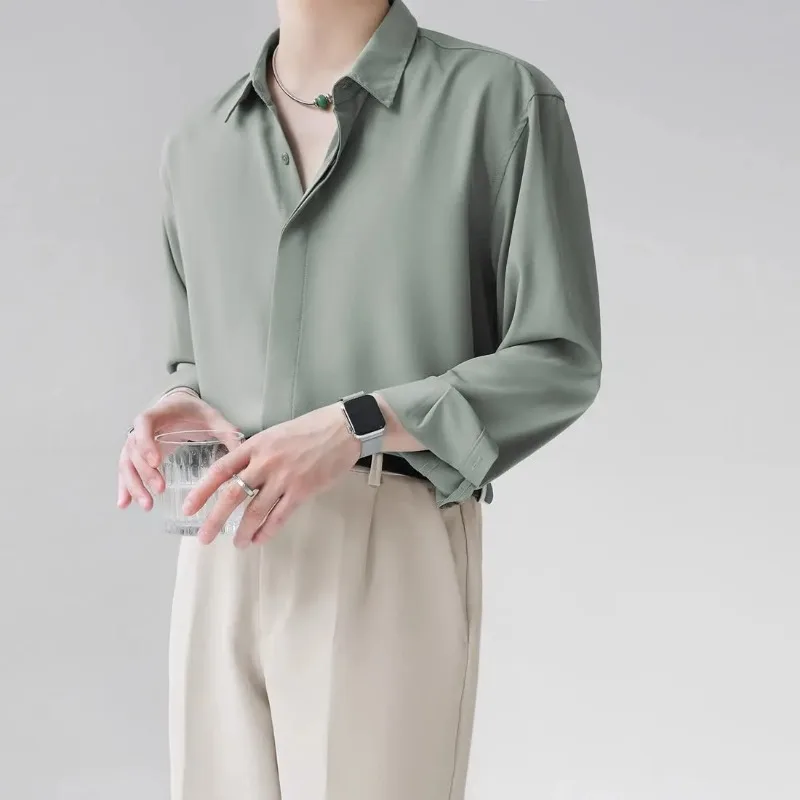 

Мужская рубашка с длинным рукавом и воротником, однотонная, шелковистая, повседневная, для офиса/на каждый день