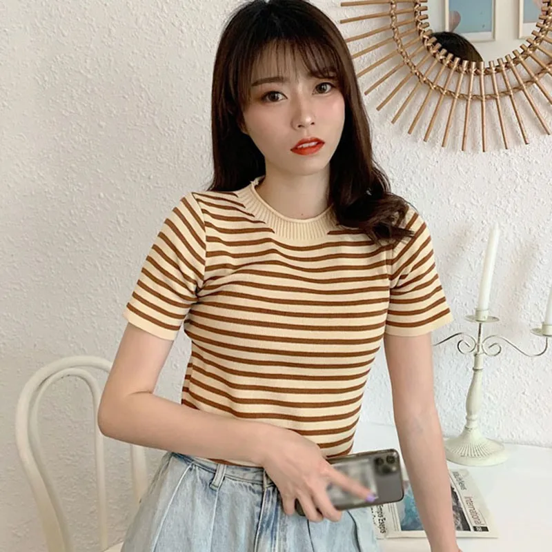 Striped Short Sleeve T-shirt Women O-neck Knitted Top Retro Slim Basic Casual Tops Female Fashion Office Knitwear Shirt Tops