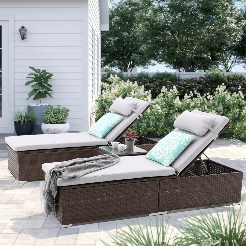 

3 Pcs Patio Chaise Lounge with Coffee Table Cushion&Pillow Outdoor Lounge Chair Chaise Lounger Patio Reclining Chair 5 Angle