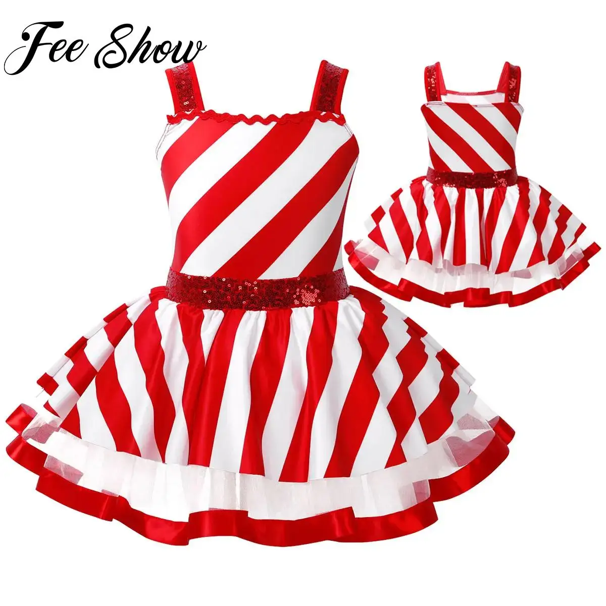 

Kids Christmas Dress for Girls Shiny Sequins Striped Figure Skating Twirling Leotard Dress Ballet Gymnastics Tutu Leotard Dress