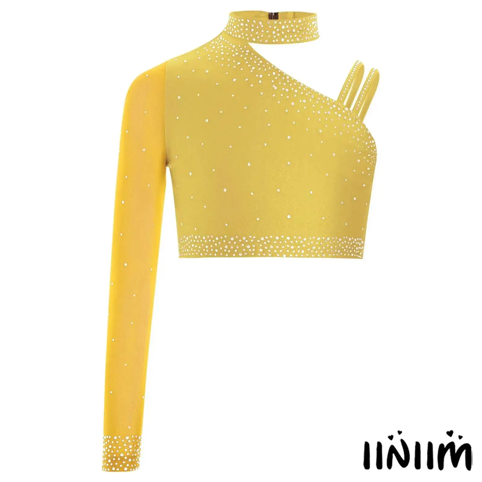 

Kids Girls Performance lyrical Dance Crop Top Unique Irregular Shoulder with Sheer Mesh Shiny Rhinestone Details for Dance Class