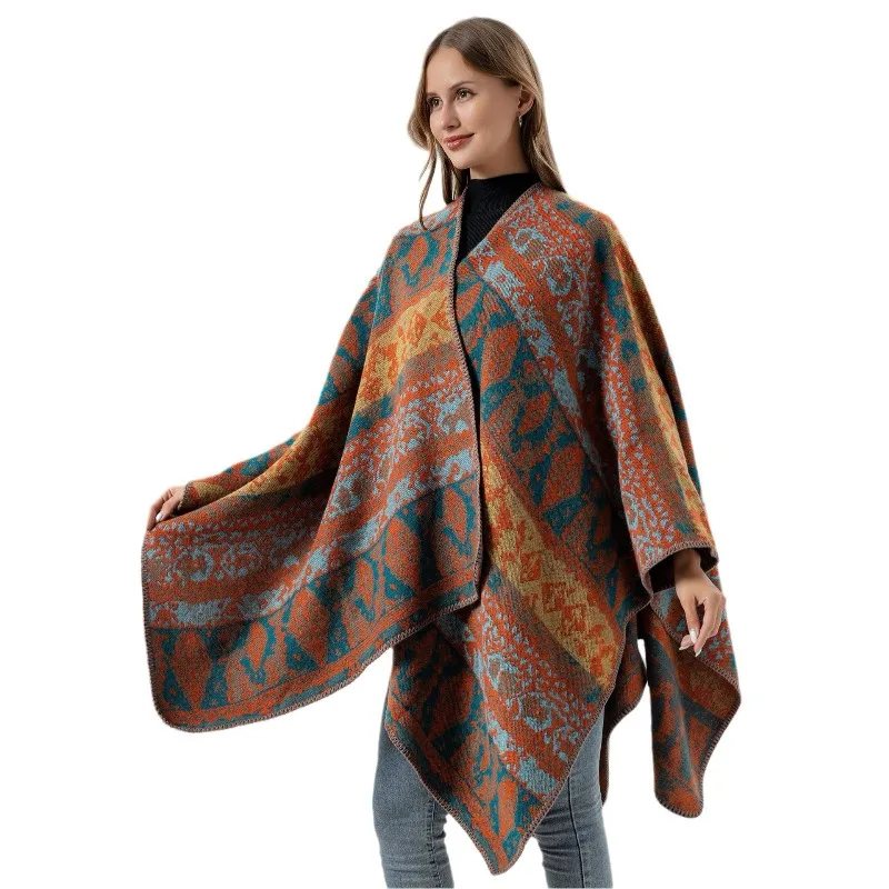 Vintage Ethnic Jacket Cape for Men and Women Split Shawl Top Imitation Cashmere Poncho Thickened Warm Cloak Coat Autumn Winter