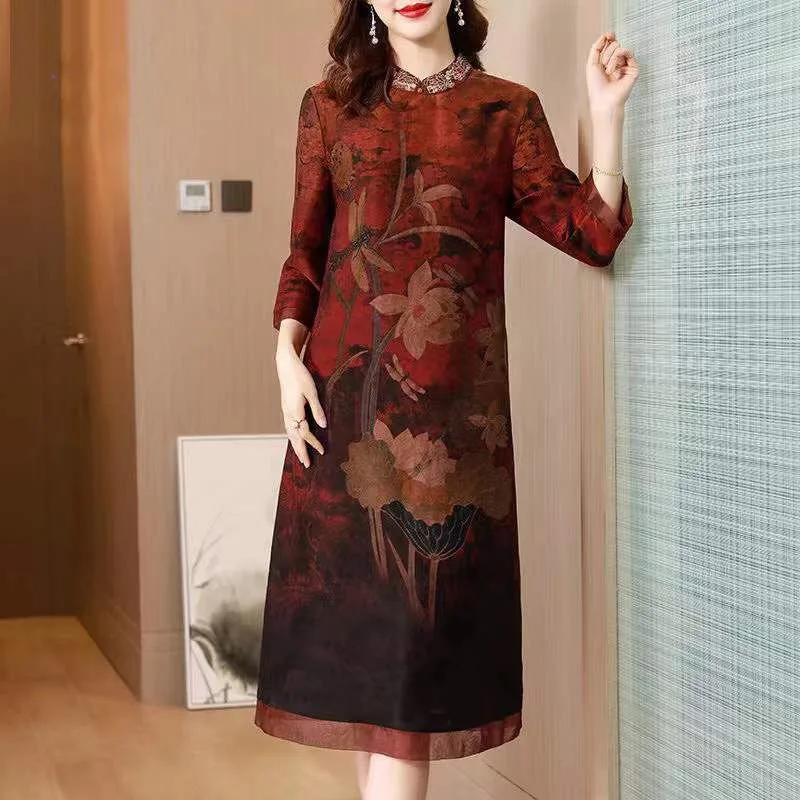 Indie Folk Vintage Silk Midi Floral Dress Oversized Spring Summer Short Sleeve Dresses Elegant Female Casual Gauze Pullover Robe