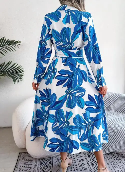 2025 봄 여름 신상 여성 의류, 꽃무늬 라펠 타이 셔츠 롱 스커트, 실시간 촬영, 인기 급상승