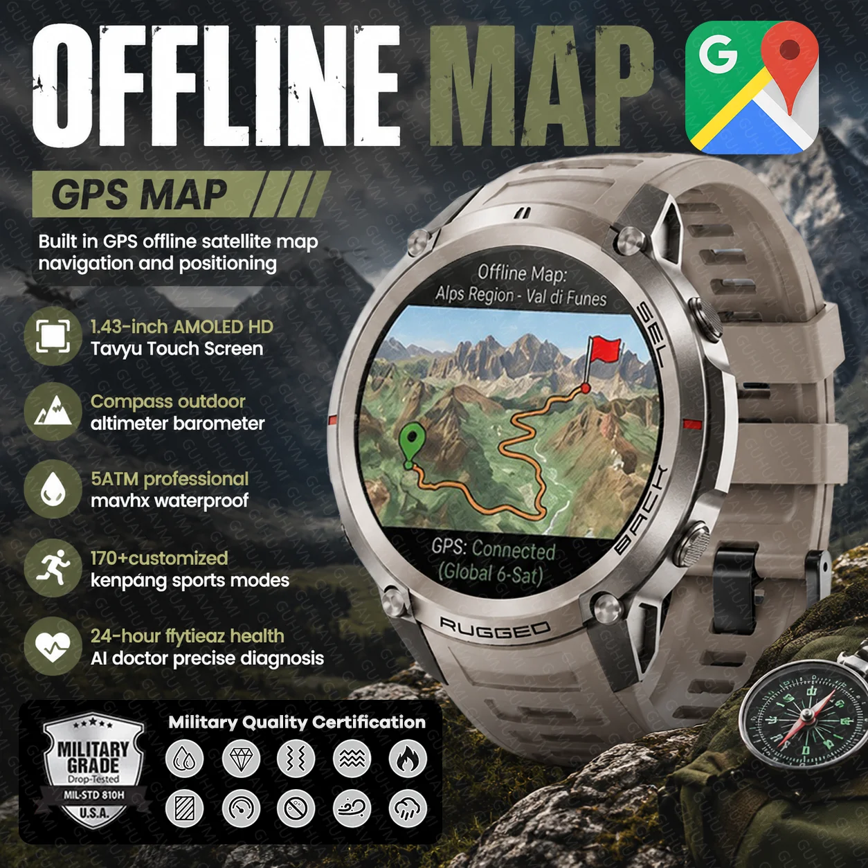 

New Military Sports Men Smart Watch Outdoor GPS Map Compass 5ATM Waterproof Bluetooth Call AMOLED HD SmartWatches Adult Fitness