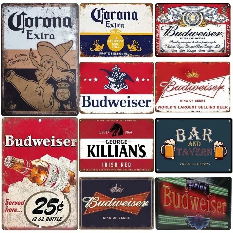 Placas de Metal Retrô Vintage Corona Budweiser para Decoração de Parede de Bar, Caverna do Homem e Taverna
