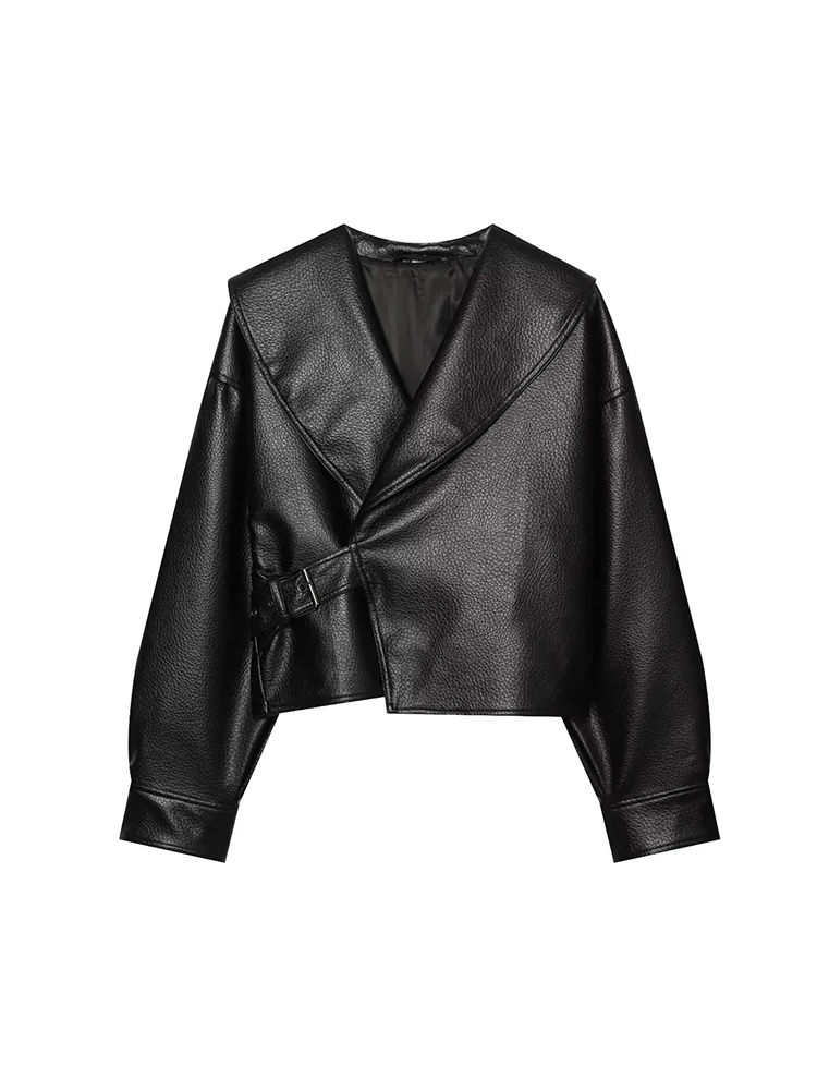 Women Short PU Leather With Lapel 2026 Autumn Retro Style Stylish Loose Fit Long Sleeve Street Jacket Fashion Lady Outfit