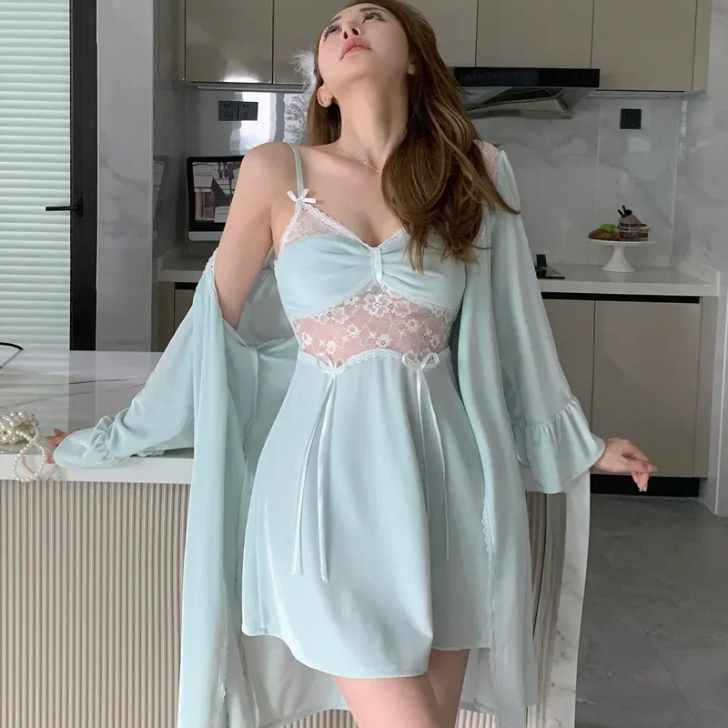 Velour Lace Nightgown 2PCS Robe Set Women Sleepwear Loungewear Spring Autumn Bathrobe Gown Suit Casual Velvet Kimono Homedress