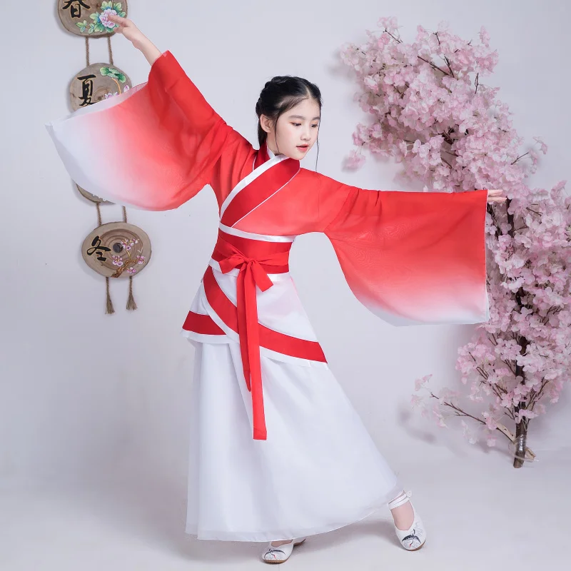 

Детский классический танцевальный костюм ханьфу для выступлений Guzheng в китайском стиле, супер неувядающий градиентный цвет, элегантный сценический костюм