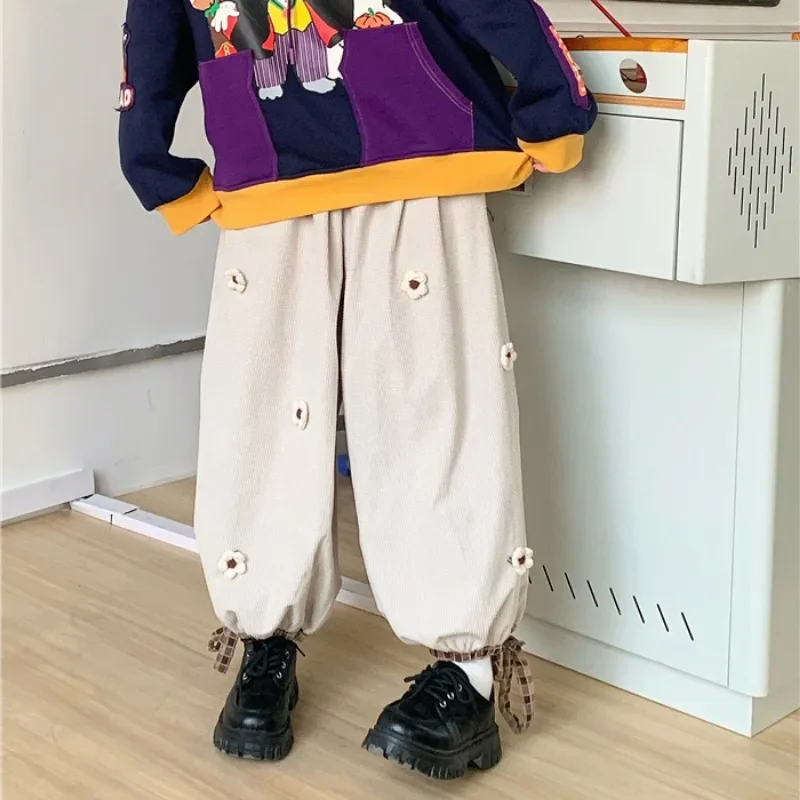 Pants Women Bloomers Floral Ankle Length High Elastic Waist Loose Students Preppy Lovely Sweet Autumn Winter Causal Ins