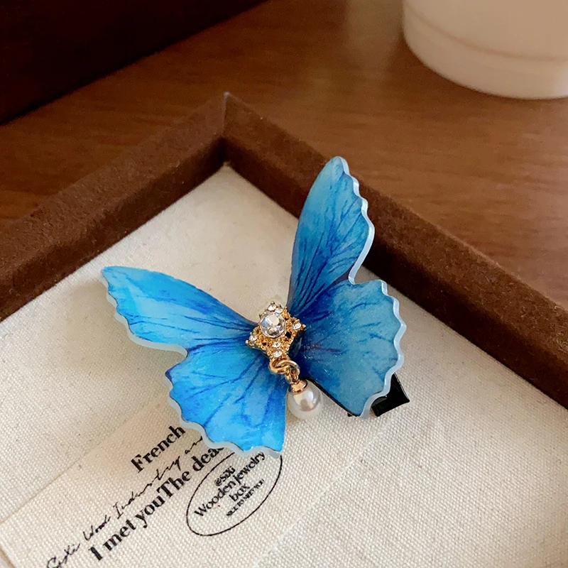 1/2 Pcs Blue Series Butterfly Rhinestones Duckbill Hair Clips for Women Fairycore Pastoral Style Sweet Fashion Accessories Set