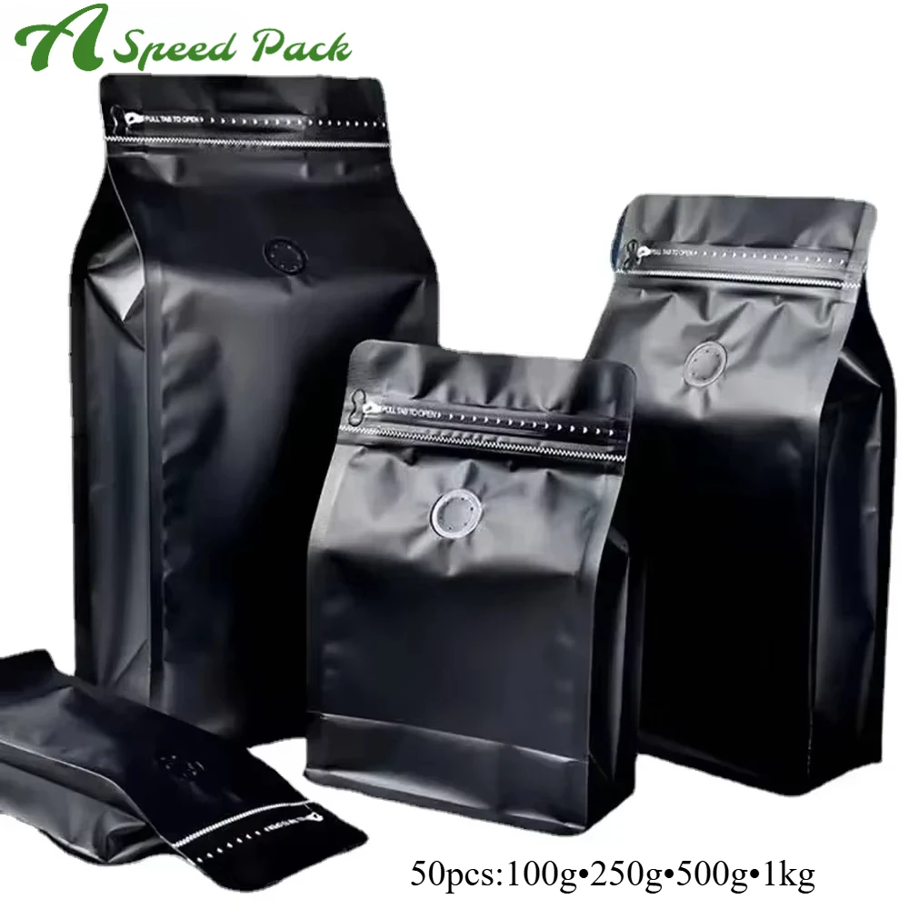 

50pcs Matte Black 100g 250g 500g 1kg Roast Coffee Bean Powder Plastic Packaginge Bags with valve and Resealable Zipper