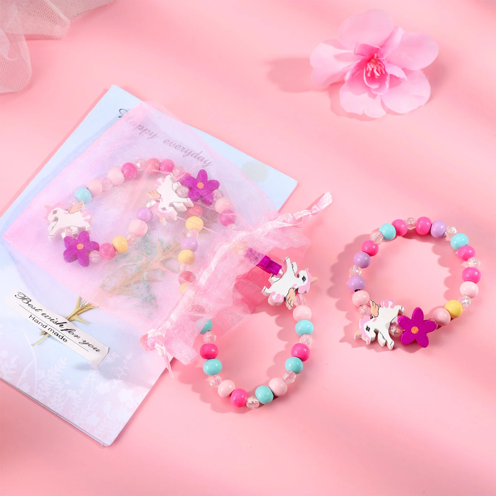 Gelang manik-manik kayu anak perempuan, Set perhiasan kalung Unicorn untuk manik-manik kecil