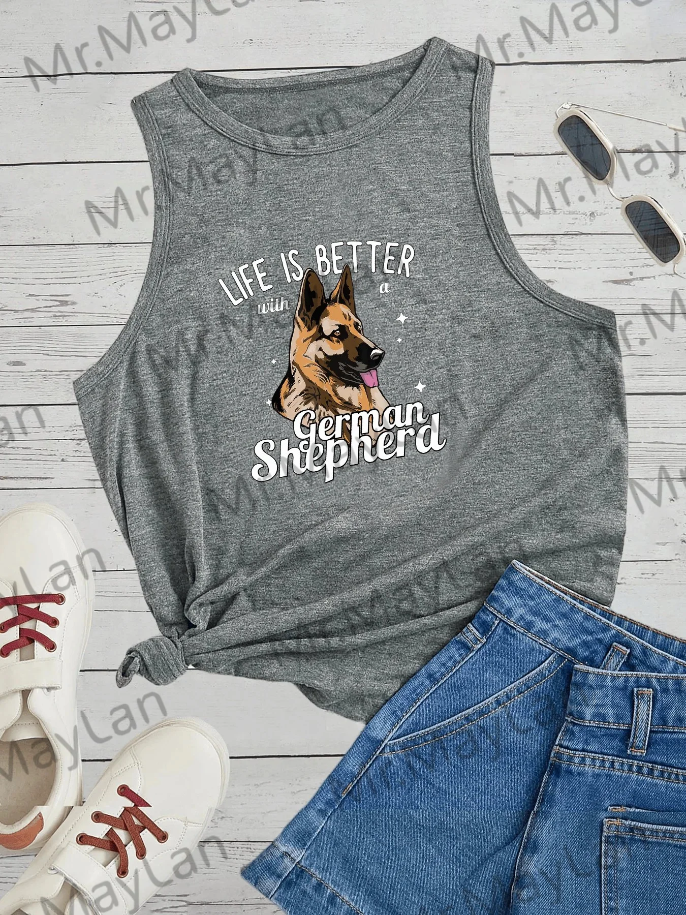 New Casual LIFE IS BETTER Witha German Shepherd Print Women Tank Tops Sleeveless Summer Vest Top for Ladies Haut Femme Tops S-3