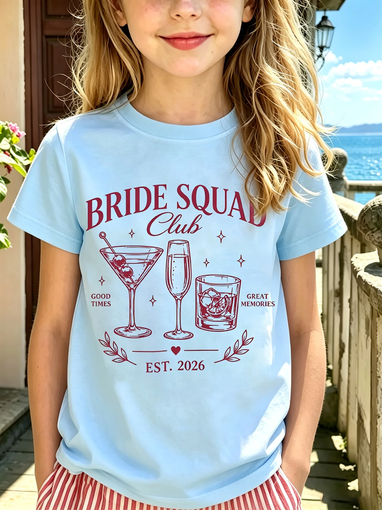 Bride Squad Club Kids Tee Vintage Wine Glass Letter Graphic Print Boys Girls Family Matching Cotton Short Sleeve Children Tshirt